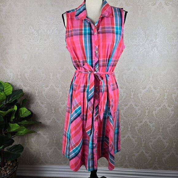 Tommy Hilfiger Dresses & Skirts - Tommy Hilfiger Size Large Pink Plaid Shirt Dress Button Front Sleevless Cotton